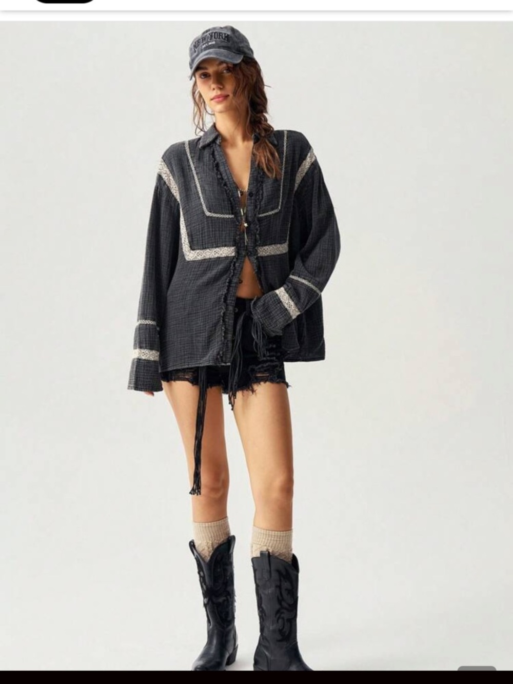 Woven Lace-Trim Button-Front Jacket Top — Black - Picture 8 of 12